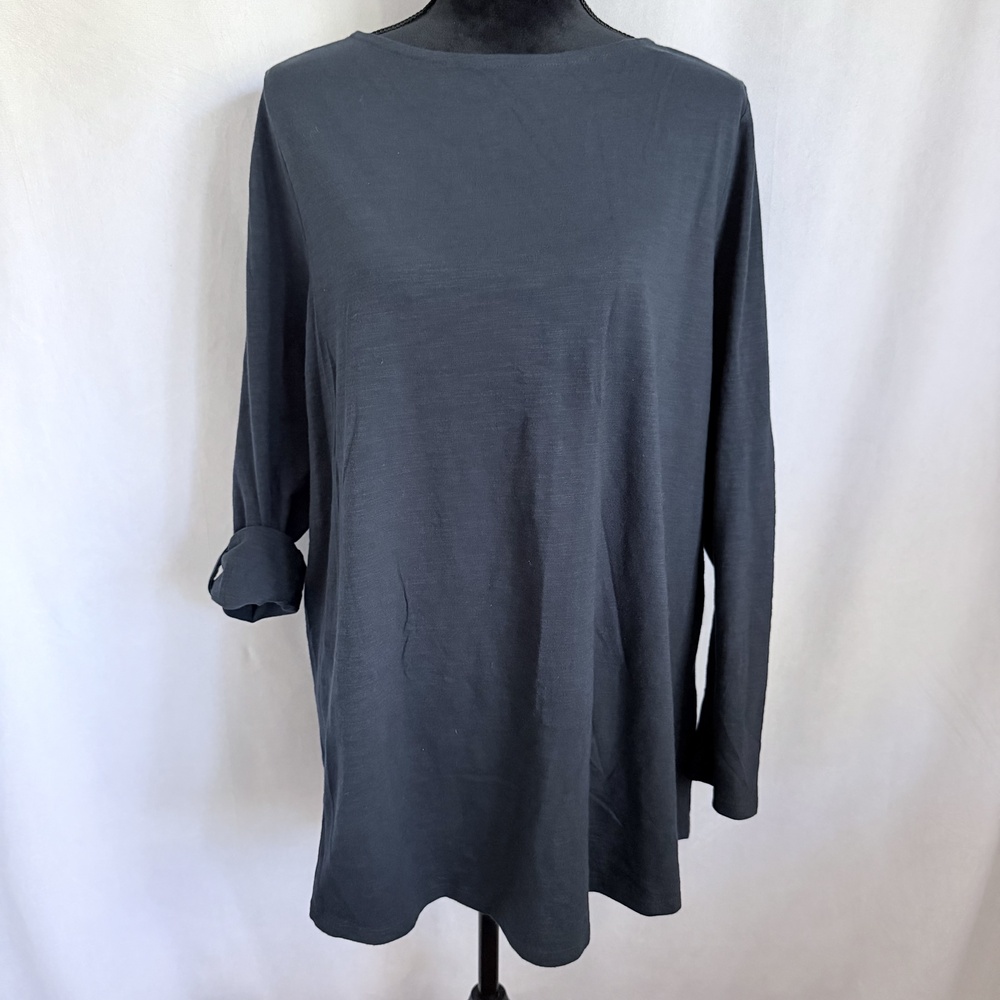 J Jill Shirt Womens XL Blue 100% Cotton Button Back Boat Neck Tunic Top